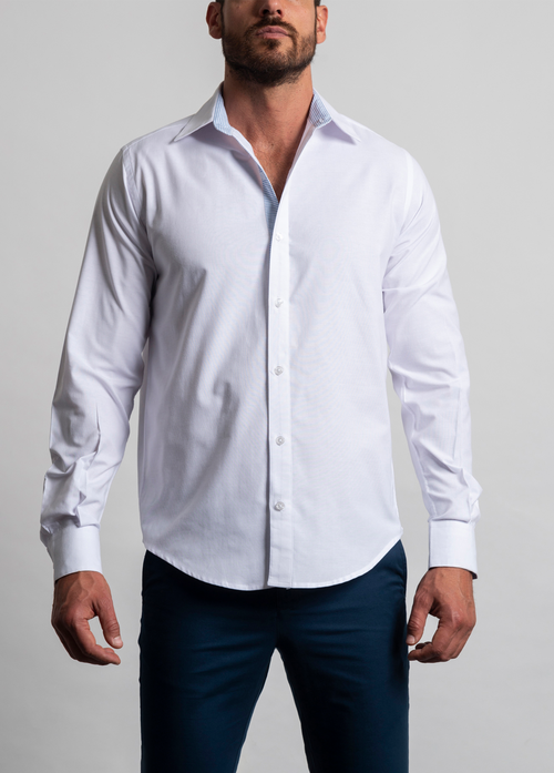 Camisa Mónaco Lino Blanco Con Detalles Interiores Mil Rayas