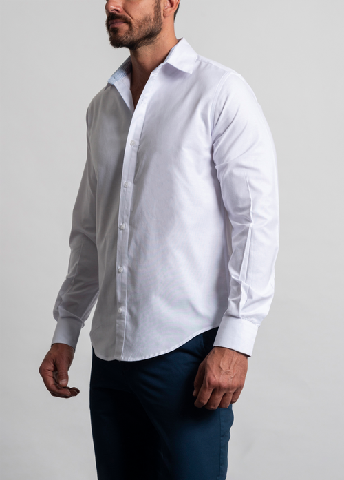 Camisa Mónaco Lino Blanco Con Detalles Interiores Mil Rayas