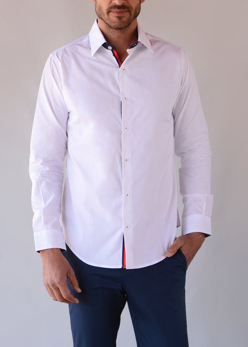 Camisa Mónaco Oxford Blanco Detalles Interiores En Rojo, Cielo Y Marino